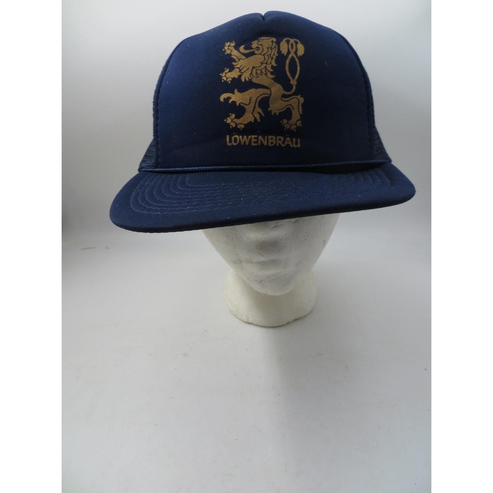 VINTAGE Lowenbrau Hat Cap Snap Back Navy Trucker Mesh Beer Advertising Mens 80s